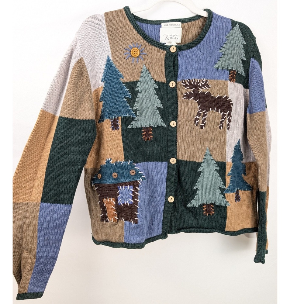 Vintage 90s Patchwork Moose Sweater Sz M Hand Embroidered Cabin Outdoor Cottage